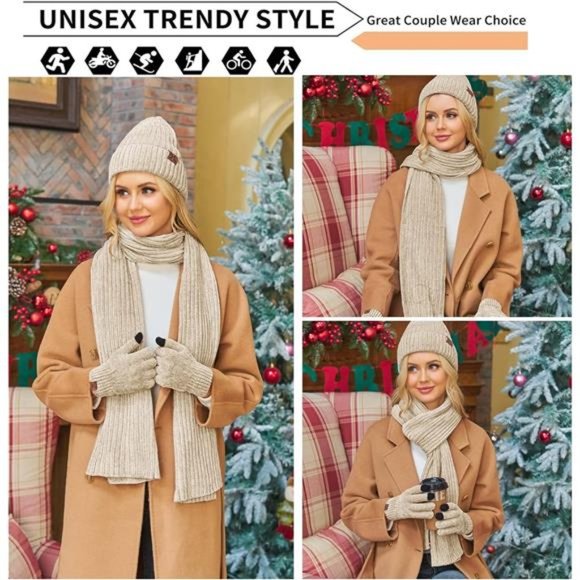 Knit  Hat Beanie + Long Scarf + Gloves Set Skull Caps Neck Scarves for Women Men main image 6